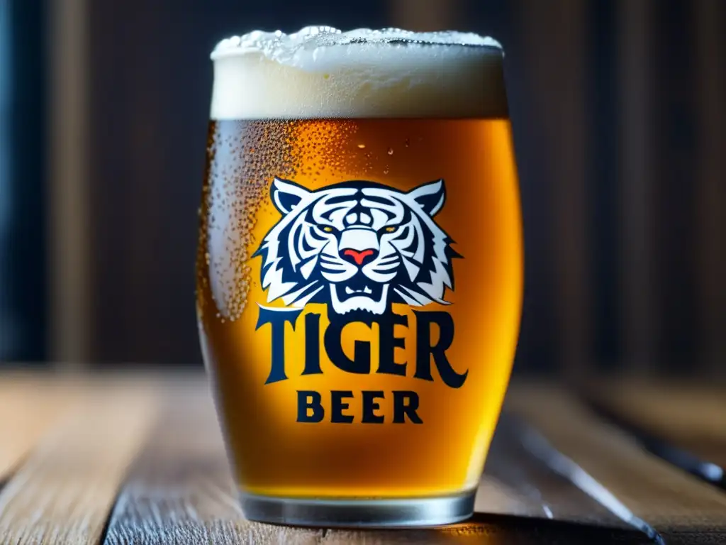 Cerveza Tiger en vaso con espuma y condensación en mesa de madera