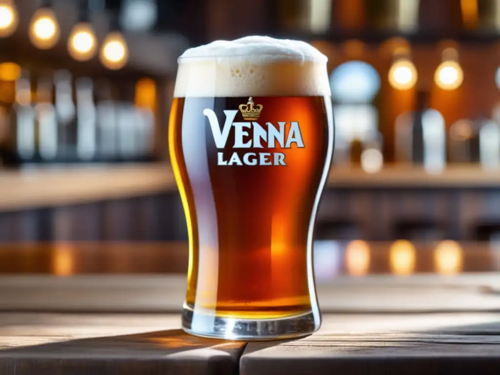 Cerveza Vienna Lager con espuma cremosa y burbujas de carbonatación en un vaso de vidrio sobre una mesa de madera