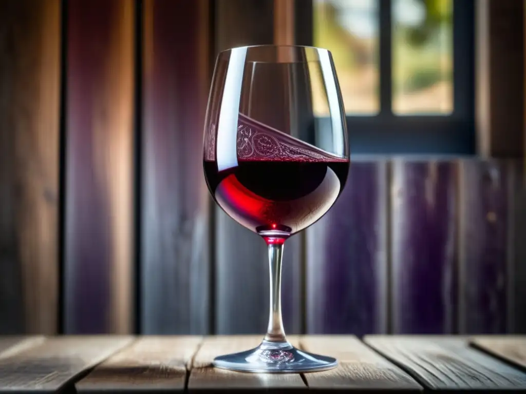 Rituales de Servicio: Detallada imagen de una copa de vino tinto en una mesa de madera rústica, resaltando cada curva y reflejo de luz