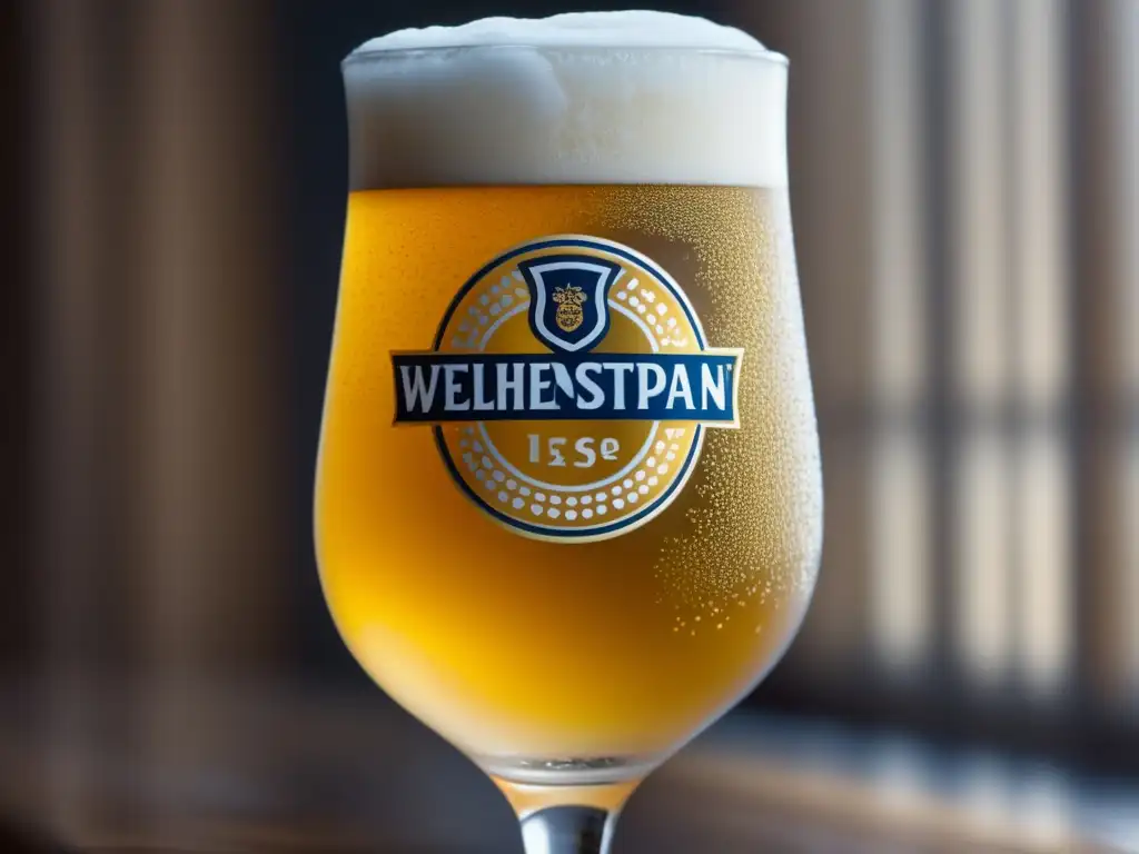 Weissbier dorada con burbujas y delicados patrones resaltando la artesanía de Weihenstephan