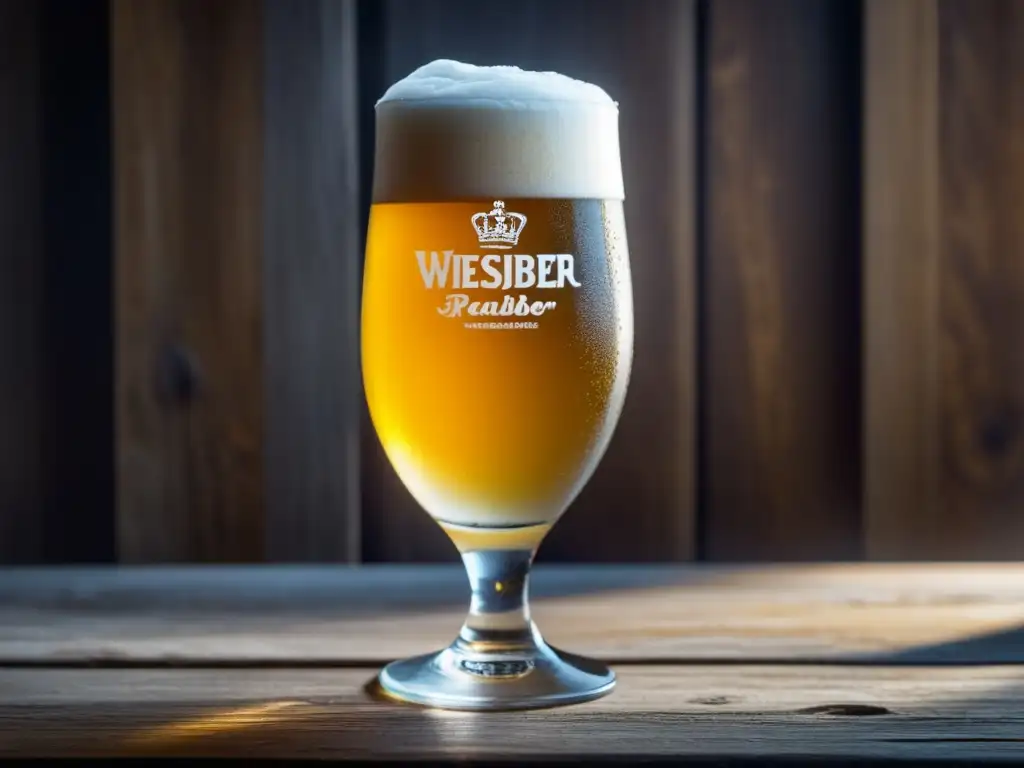 Detalle excepcional de una cerveza Weissbier dorada y turbia en vaso de vidrio con condensación, resaltando logo de Weihenstephan