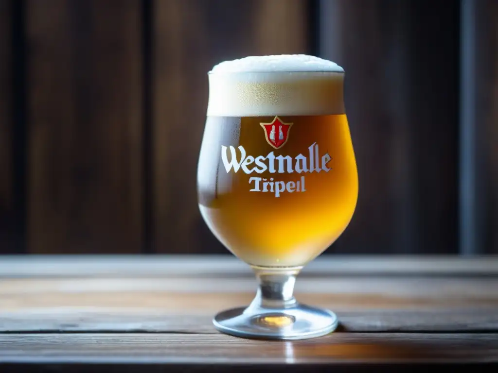 Cerveza Westmalle Tripel, vaso lleno de oro, detalles y espuma cremosa