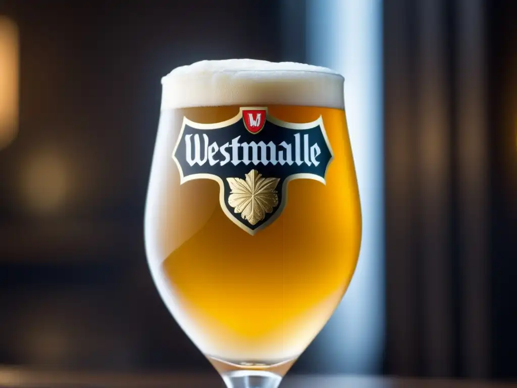 Vaso de cerveza Westmalle Tripel con líquido dorado y espuma cremosa