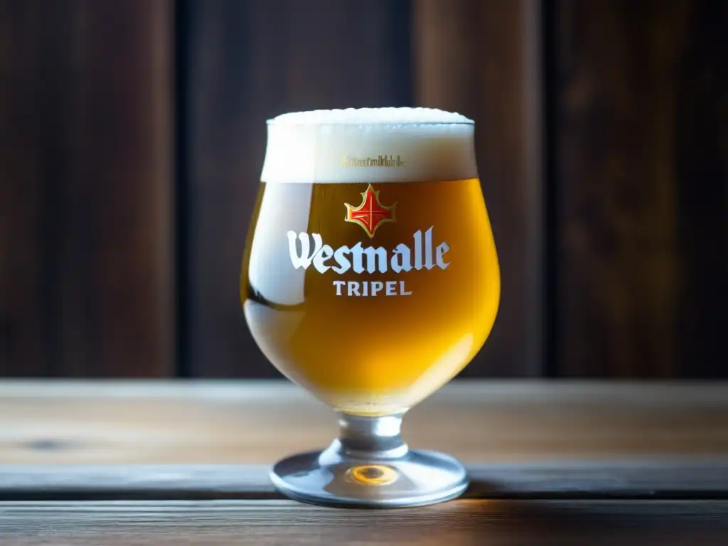 Tripel Westmalle en vaso dorado sobre mesa de madera rústica, resaltando espuma blanca y burbujas de carbonatación