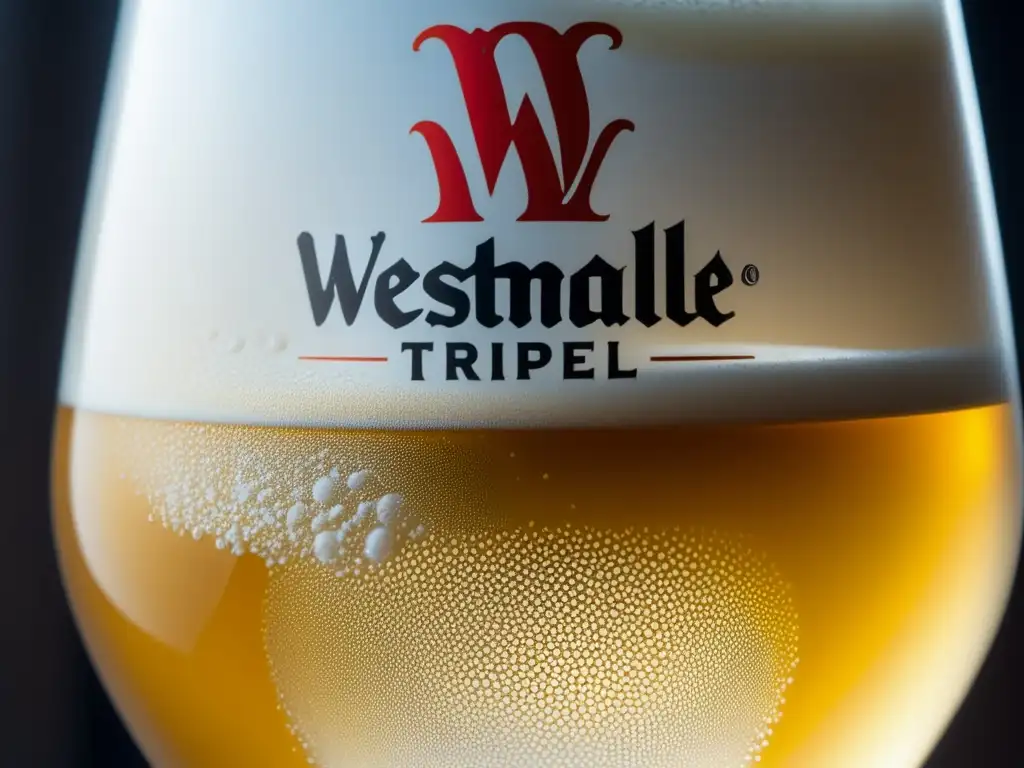 Copa de cerveza Westmalle Tripel con burbujas carbonatadas y detalles de agua, captando la esencia visual de la cerveza