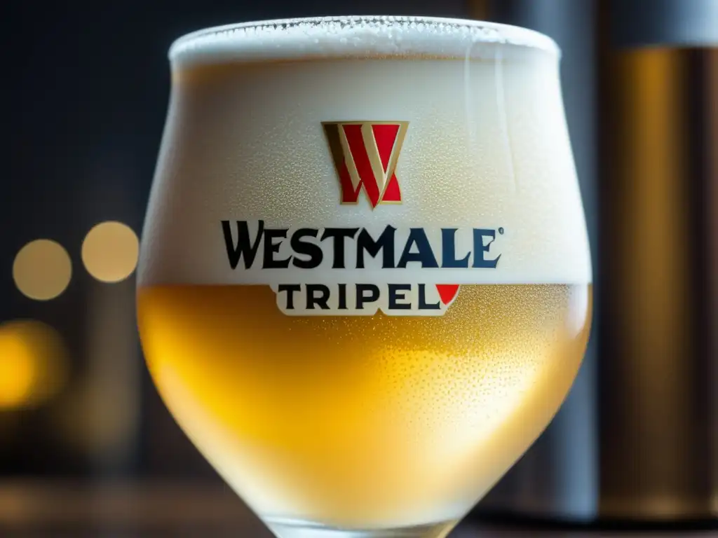 Cerveza Westmalle Tripel: Vaso lleno de líquido dorado y burbujeante, con espuma y condensación, resaltando los colores y sabores belgas