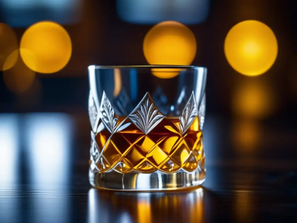 Copa de whisky con líquido dorado en una mesa de madera, resaltando detalles del diseño grabado