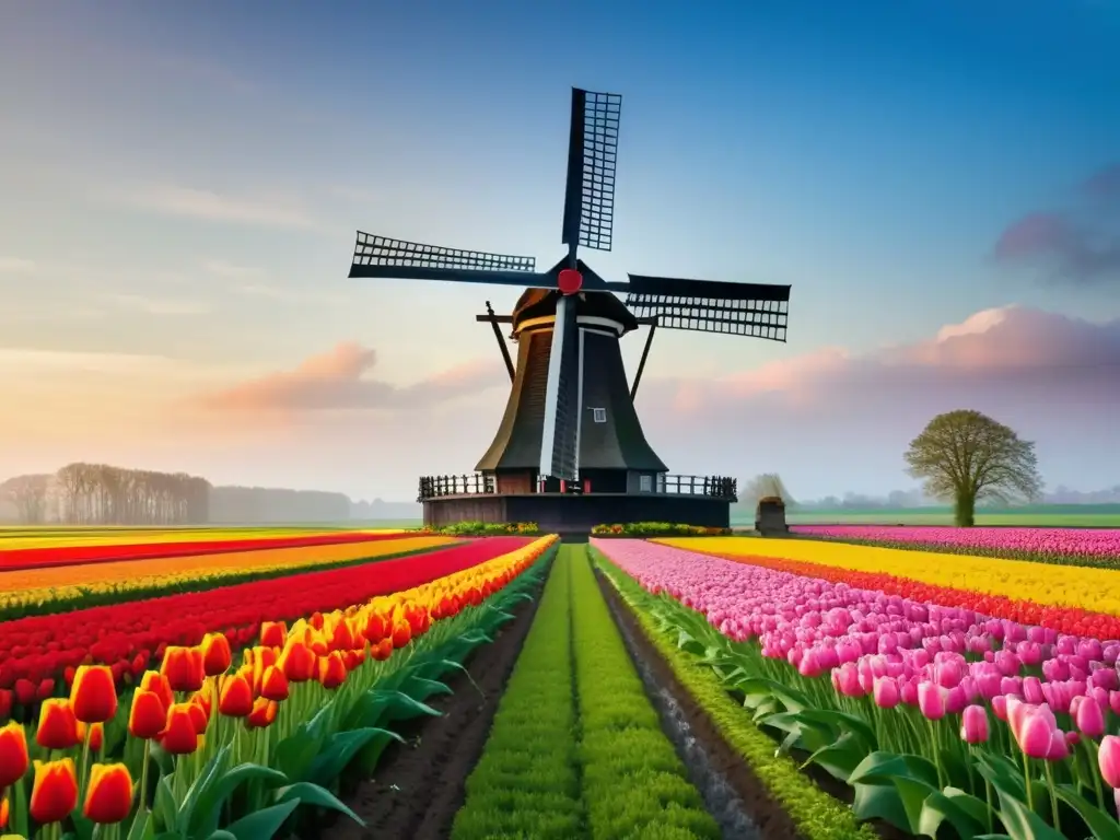 Hermoso paisaje holandés con molino de viento y campos de tulipanes - Viajes a Holanda