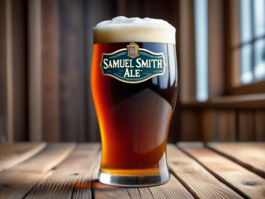 Vaso de cerveza Samuel Smith's Winter Welcome Ale, con color ámbar y espuma cremosa