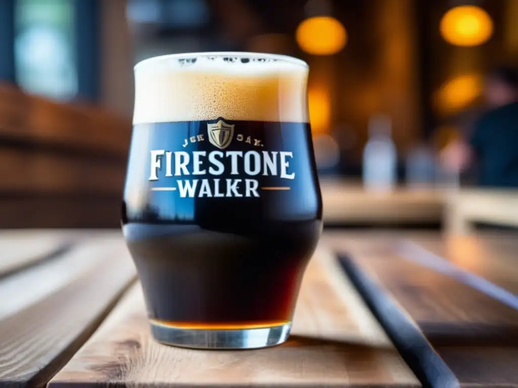 Copa de Wookey Jack, una oscura y lupulada Black IPA de Firestone Walker, sobre una mesa de madera rústica