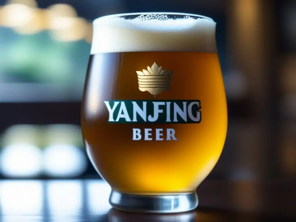 Cerveza Yanjing: Dorada y refrescante Yanjing Beer: Cerveza dorada con espuma y burbujas, botella parcialmente visible con logo en fondo