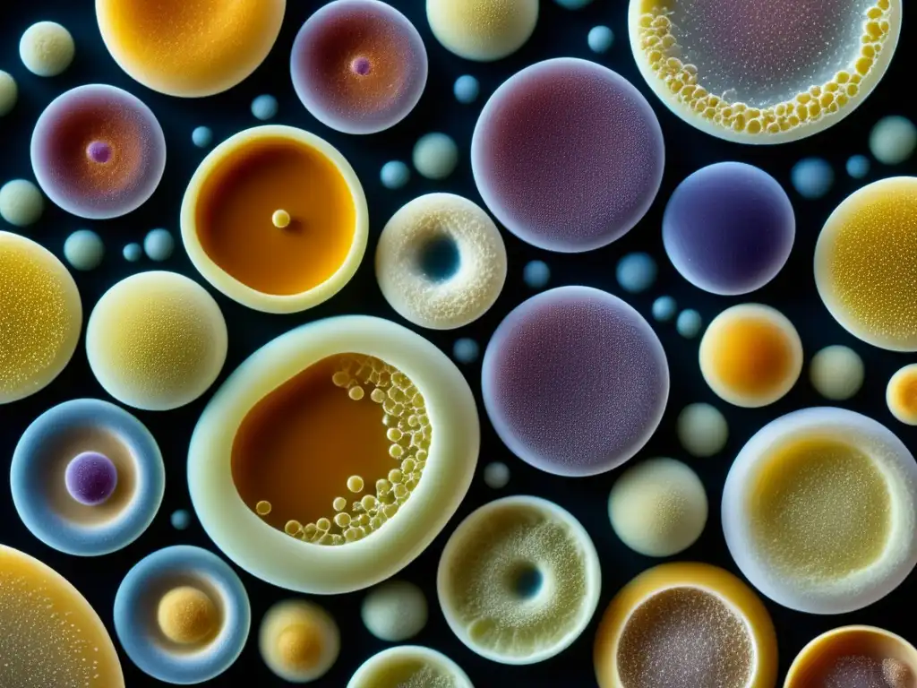 Diversidad de levaduras en imagen microscópica de células de levadura en laboratorio, con Saccharomyces y Brettanomyces destacados