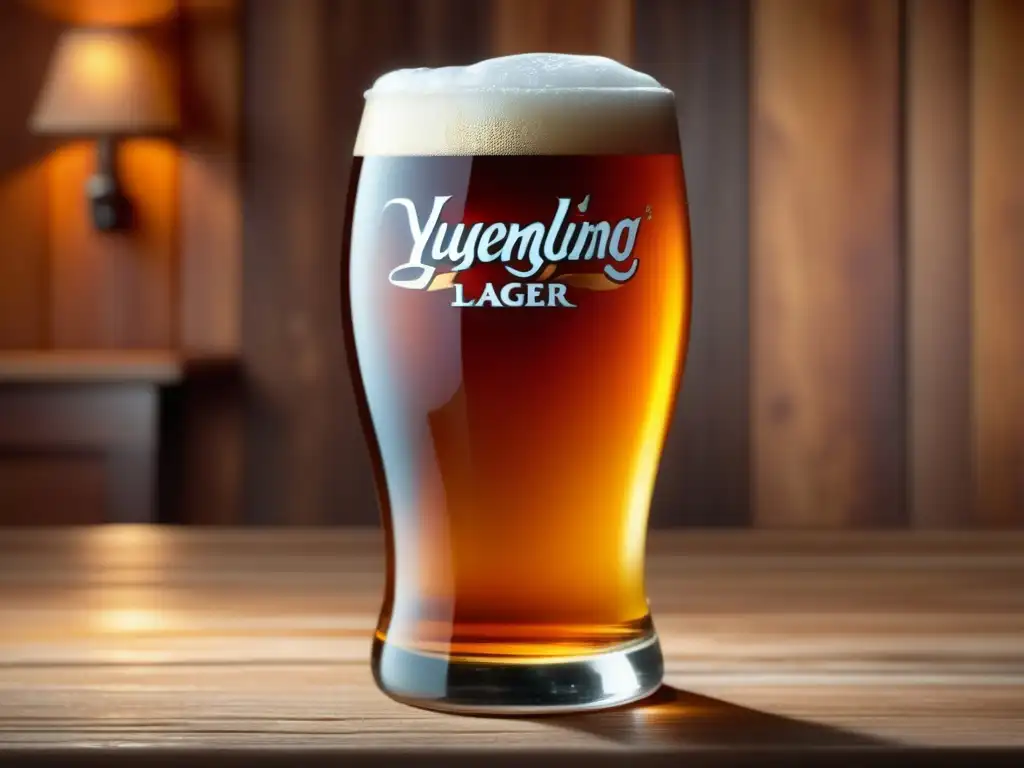 Cerveza Yuengling Traditional Lager: Imagen realista de una refrescante cerveza ámbar con espuma, en una mesa de madera con iluminación suave