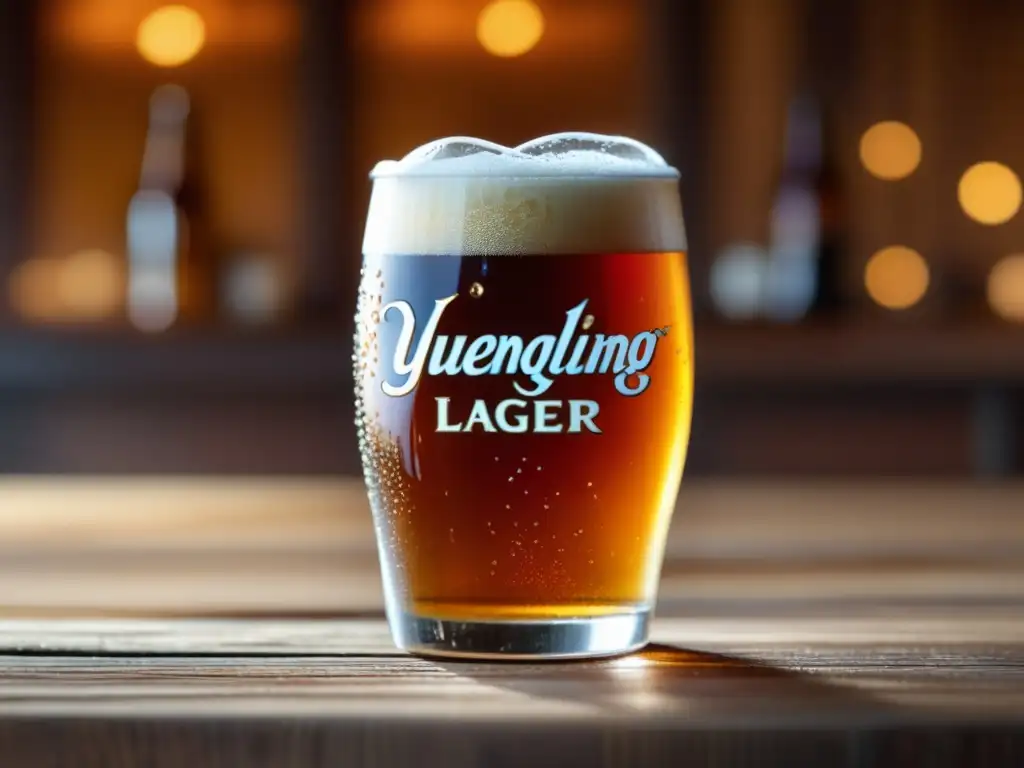 Cerveza Amber Lager Yuengling en mesa de madera