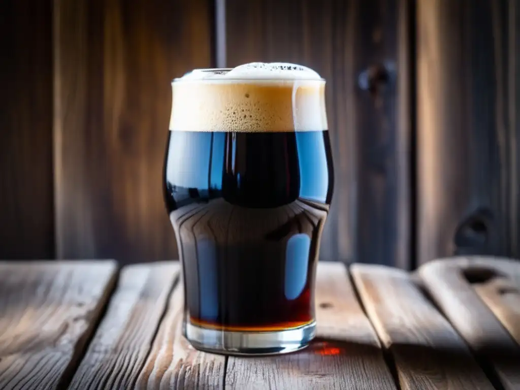 Cerveza Zywiec Porter, cerveza báltica de color oscuro y espuma cremosa en un vaso en mesa rústica