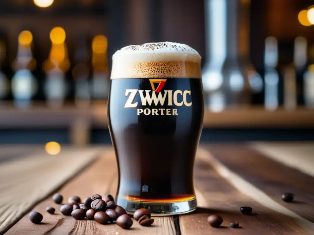 Imagen detallada de una cerveza Zywiec Porter en vaso, con color marrón oscuro y espuma cremosa