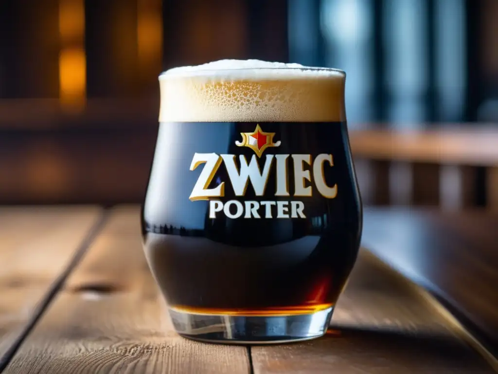 Imagen detallada de una copa de Zywiec Porter en una mesa de madera, con platos principales deliciosos